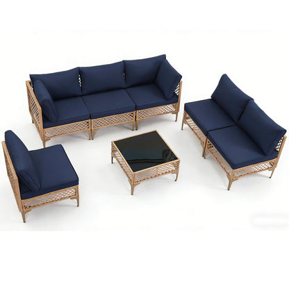 Ainfox 7 Pieces Outdoor Wicker Modular Patio Sectional Set with Thick Cushions & Tempered Glass Table
