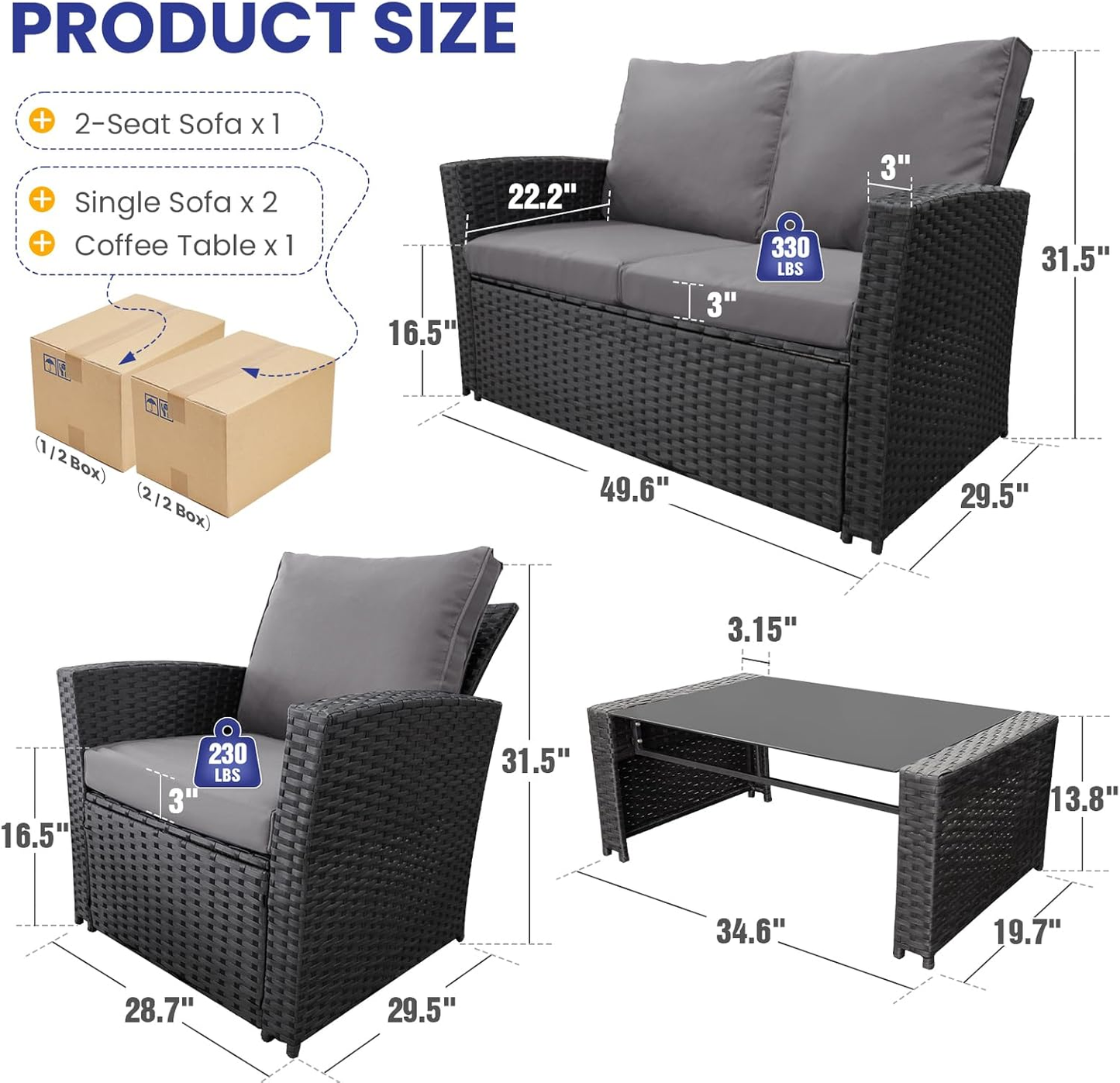Ainfox 4 Piece Outdoor Patio Furniture Set, Wicker Rattan Sectional Sofa Conversation Set Modern Outdoor Couch for Garden, Balcony, Porch, Backyard