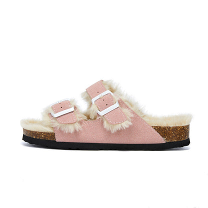 New Cotton Wool Shoes Double Buckle Belt Wool Shoes Indoor Outdoor Wear Warm Slippers Comfy Soft Women Slippers Fur Lined Orthopedic Indoor House Shoes With Adjustable Buckle