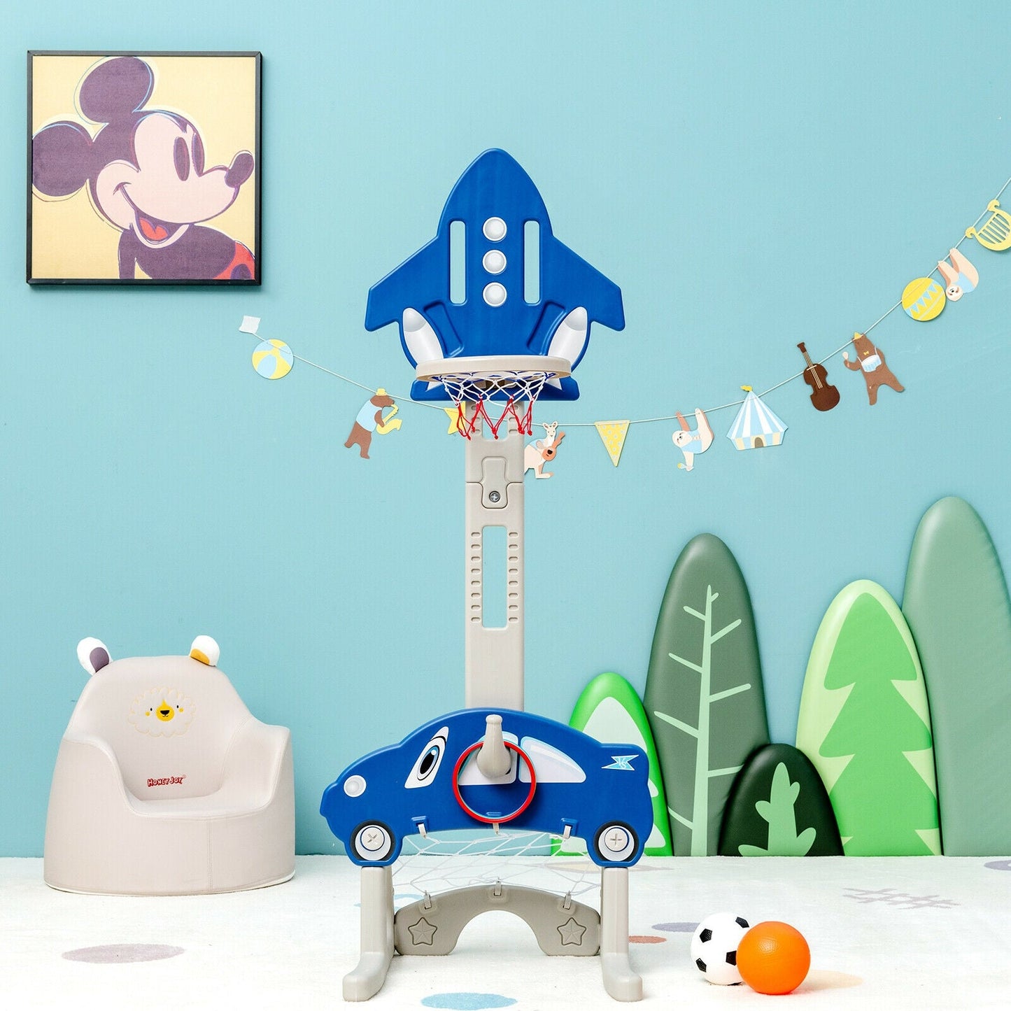 3-in-1 Basketball Hoop for Kids with Balls-Blue