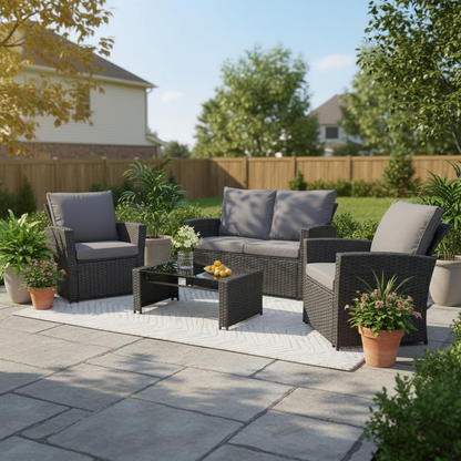 Ainfox 4 Piece Outdoor Patio Furniture Set, Wicker Rattan Sectional Sofa Conversation Set Modern Outdoor Couch for Garden, Balcony, Porch, Backyard