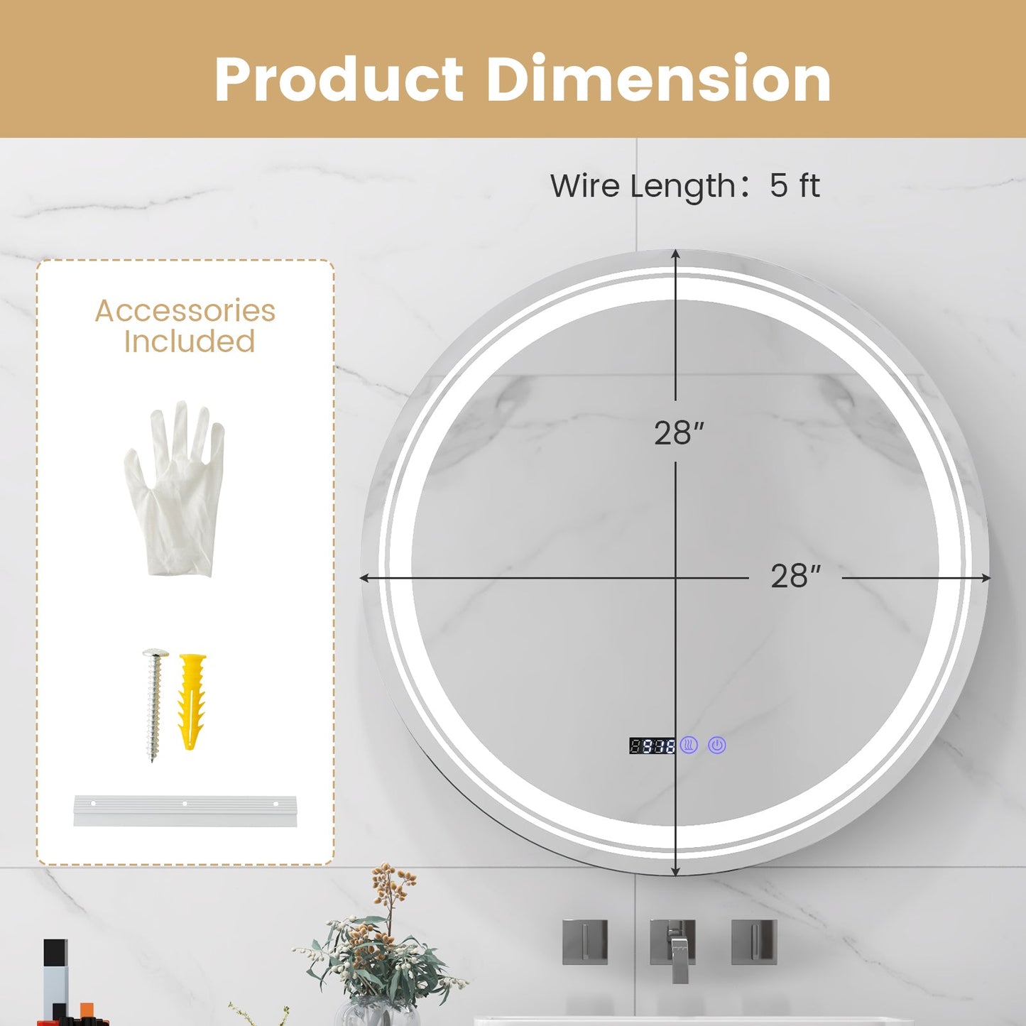Anti-Fog Round Led Bathroom Mirror with 3 Color LED Lights