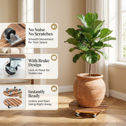 Rolling Wood Caddy with Lockable Wheels – 2 Pack Heavy Duty Pot Stand