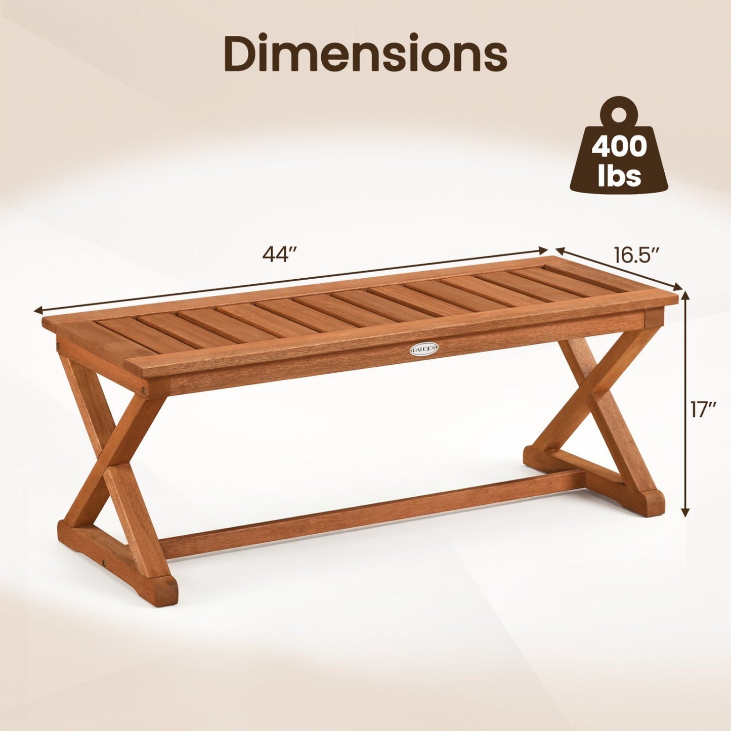 2-Person 44" Solid Wood Outdoor Bench with Slatted Seat for Patio Park Balcony