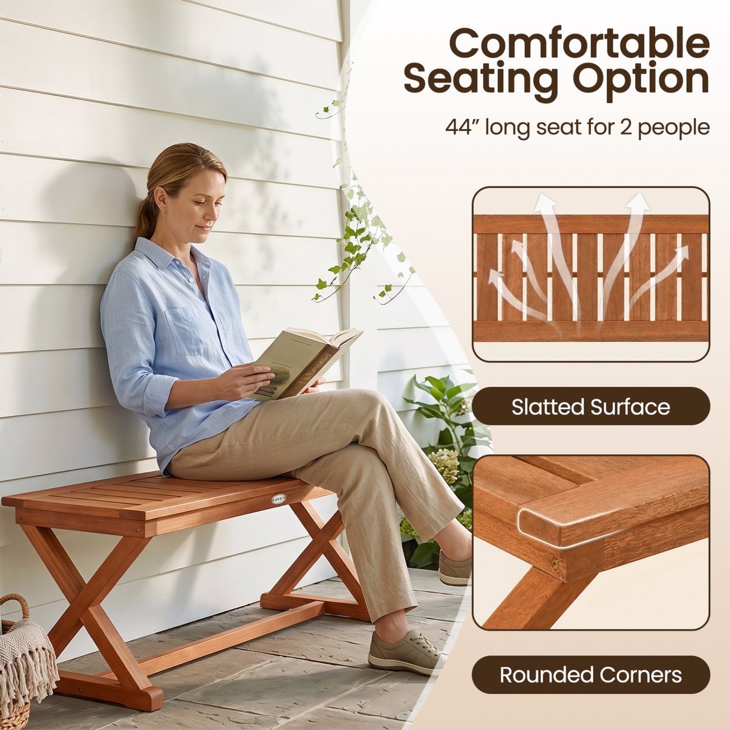 2-Person 44" Solid Wood Outdoor Bench with Slatted Seat for Patio Park Balcony