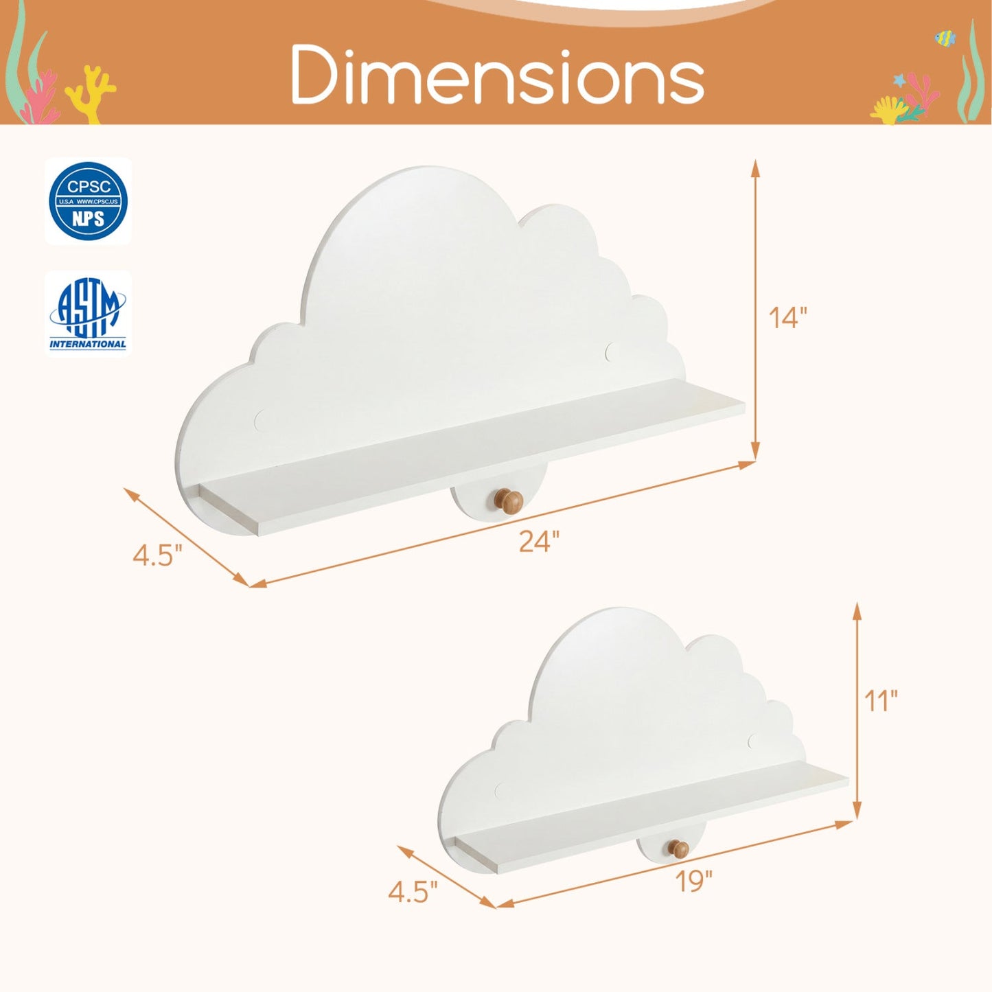 2 Pieces Floating Cloud Shelves Wall Mounted Storage Display Rack-White