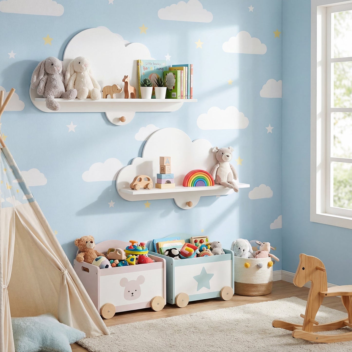 2 Pieces Floating Cloud Shelves Wall Mounted Storage Display Rack-White