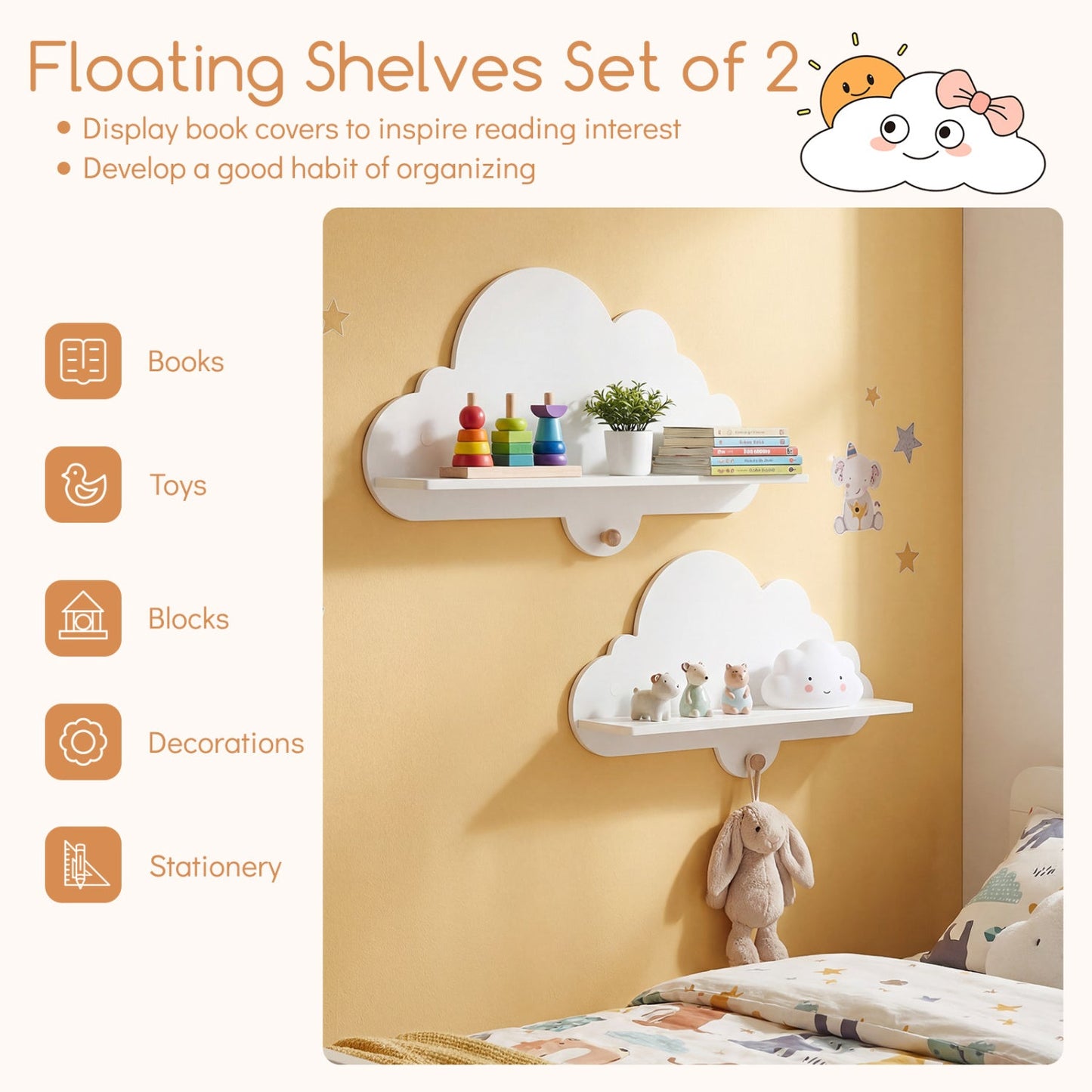2 Pieces Floating Cloud Shelves Wall Mounted Storage Display Rack-White