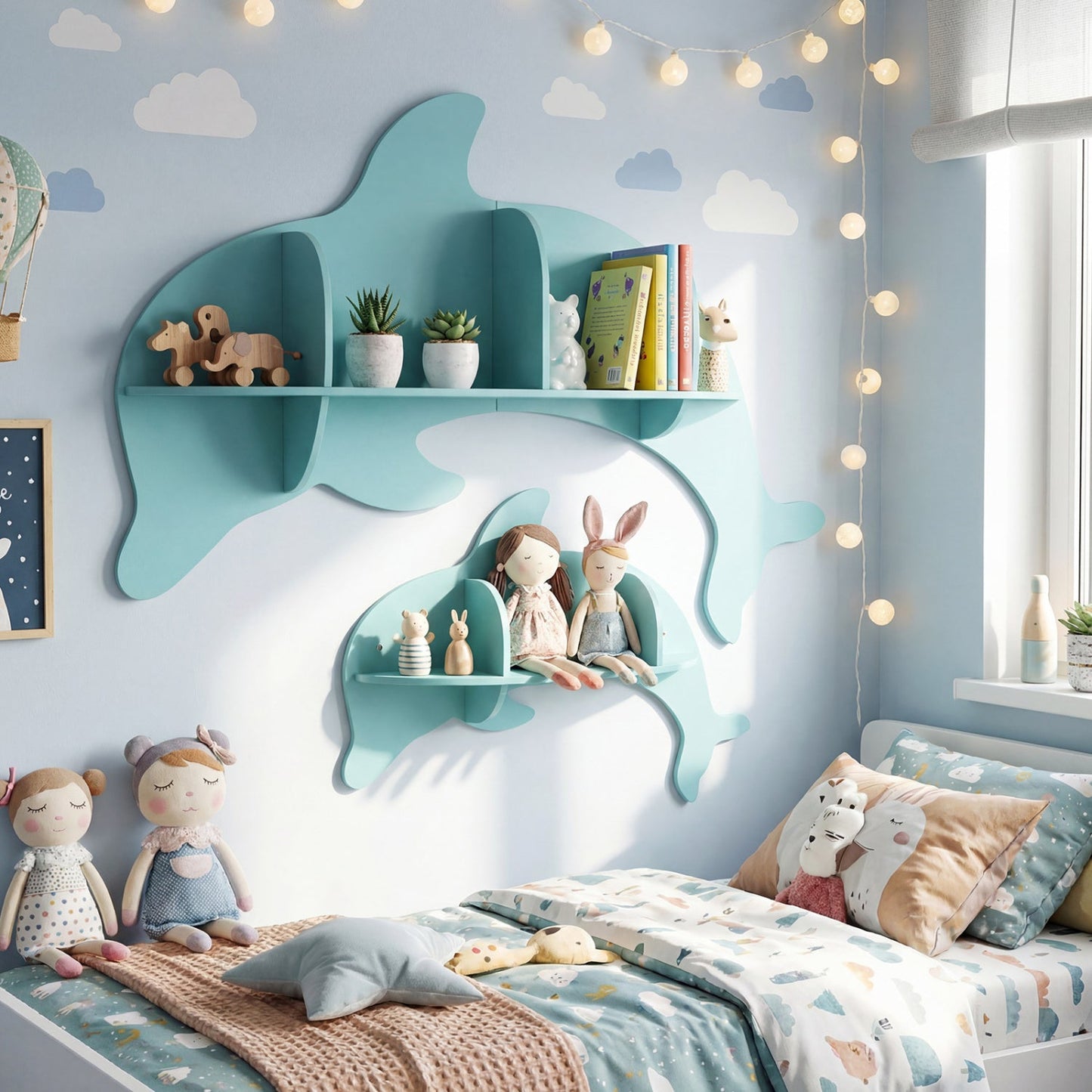 2 Pieces Floating Dolphin Shelves Wall Mounted Storage Display Rack