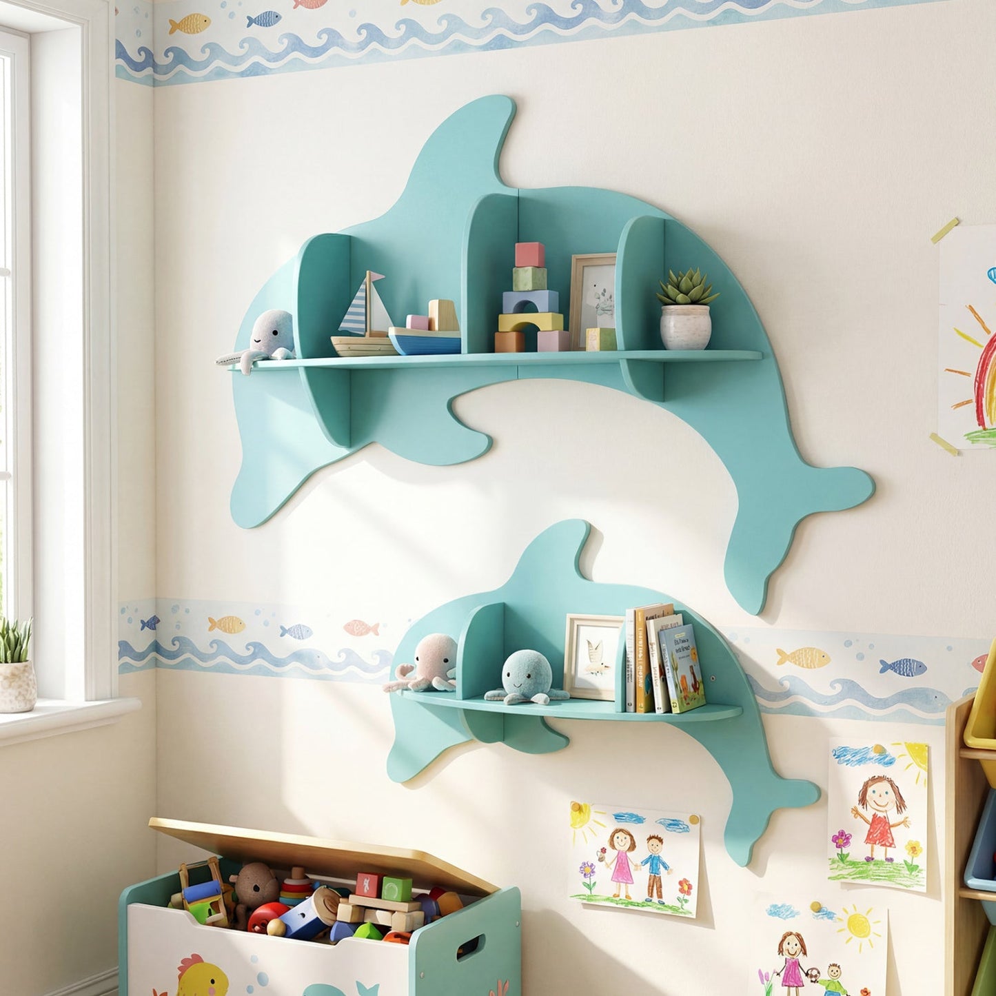 2 Pieces Floating Dolphin Shelves Wall Mounted Storage Display Rack