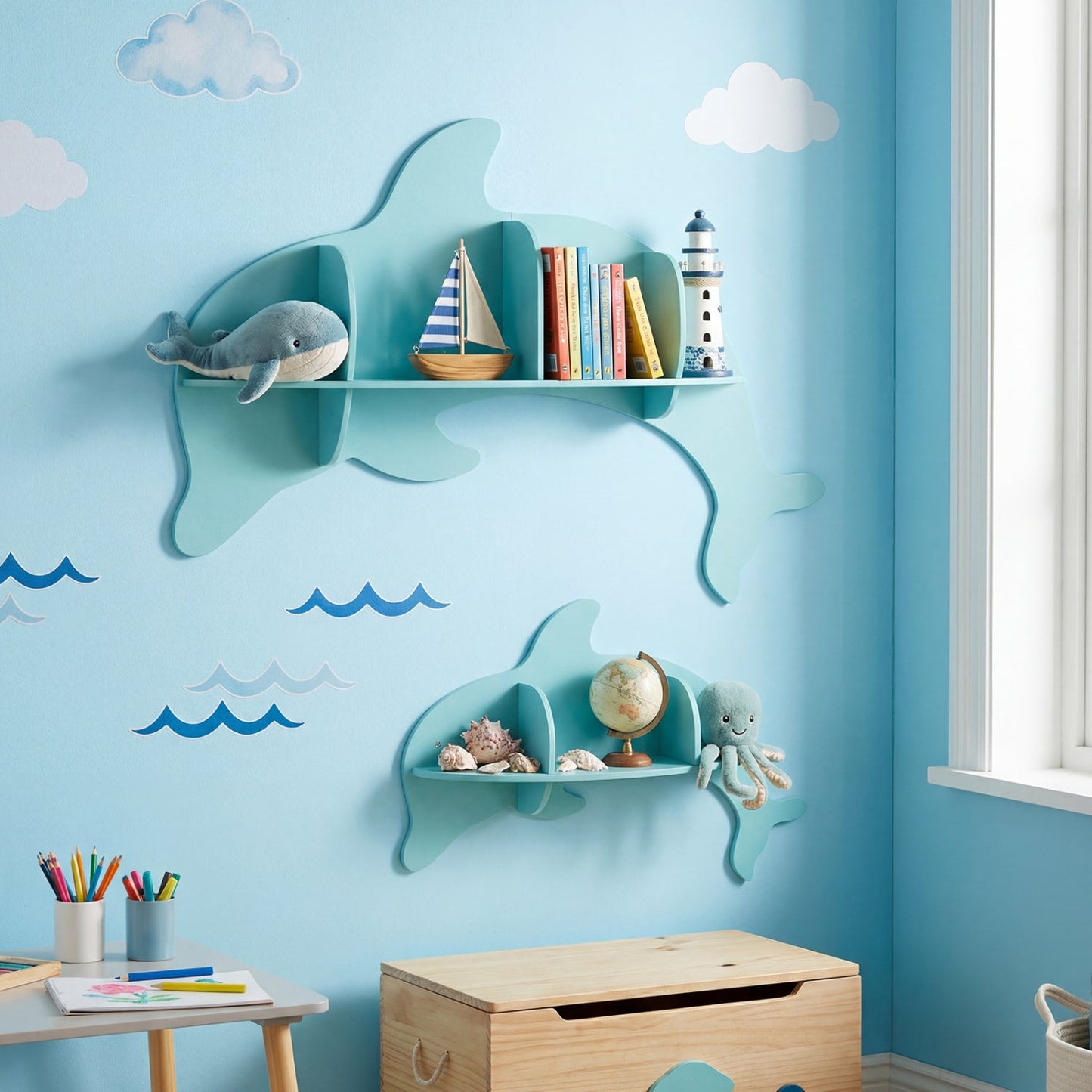 2 Pieces Floating Dolphin Shelves Wall Mounted Storage Display Rack