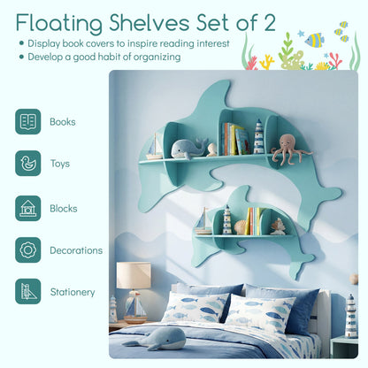 2 Pieces Floating Dolphin Shelves Wall Mounted Storage Display Rack