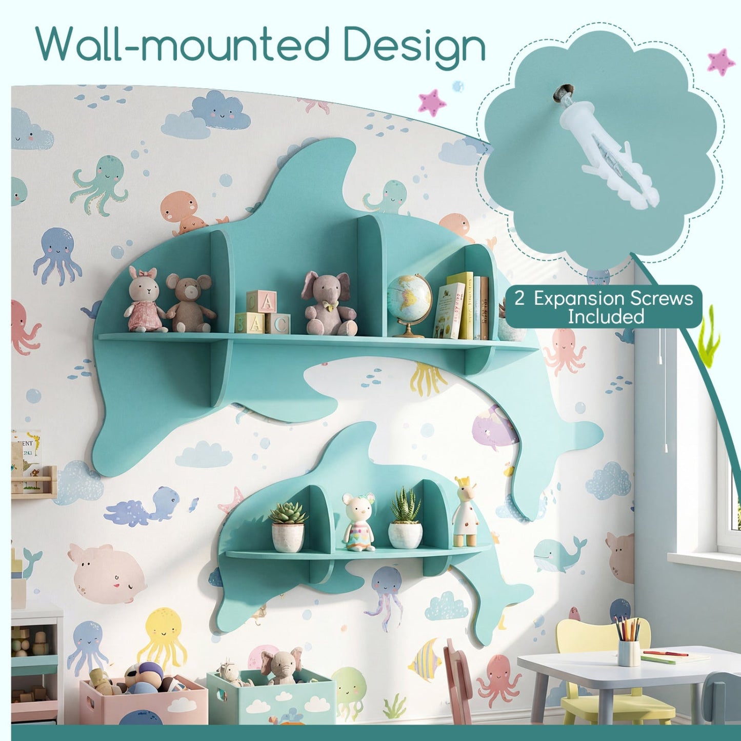 2 Pieces Floating Dolphin Shelves Wall Mounted Storage Display Rack