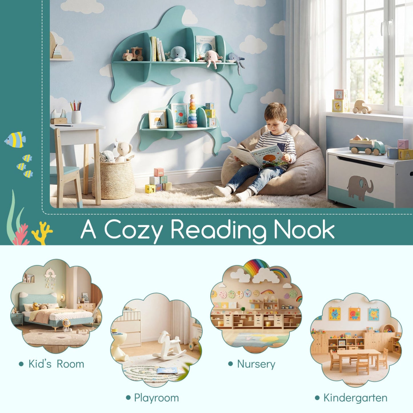 2 Pieces Floating Dolphin Shelves Wall Mounted Storage Display Rack