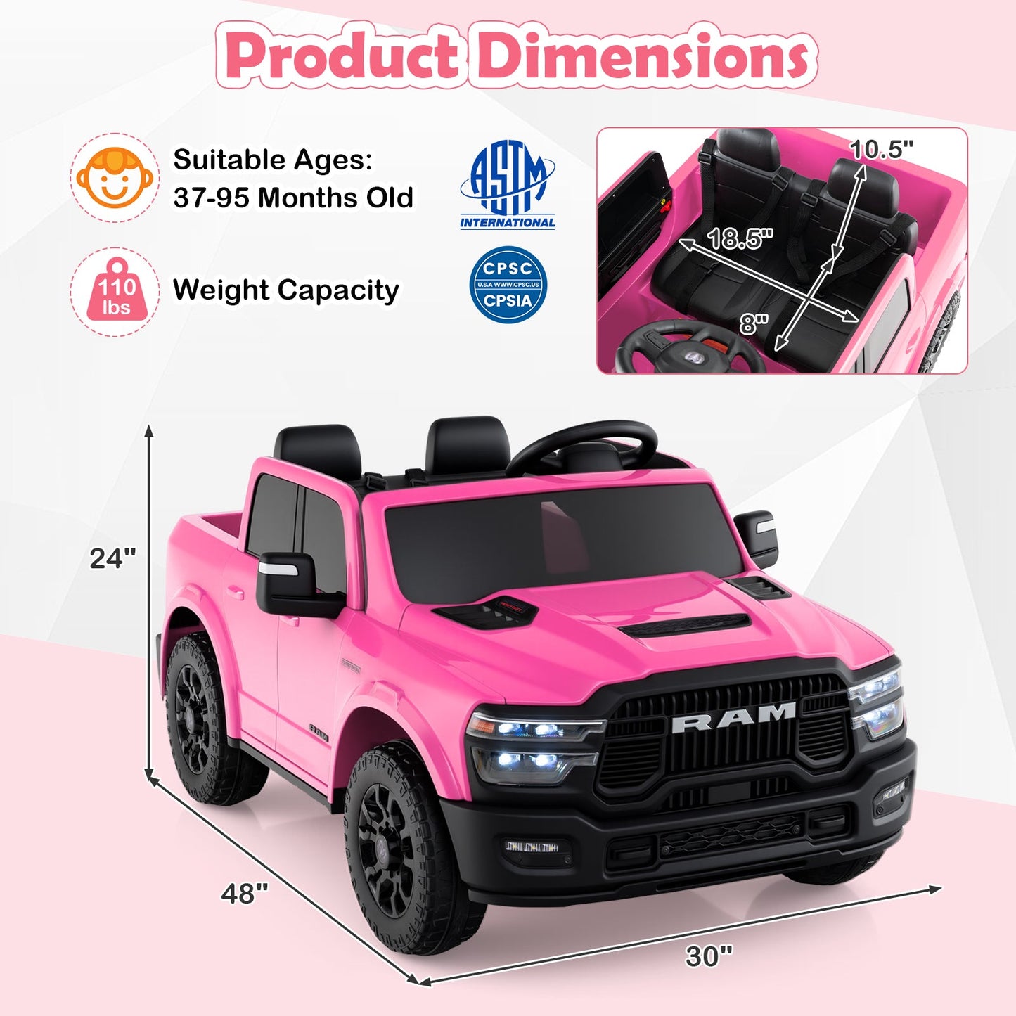 2 Seater 24V Ride on Toy for Big Kids Licensed Ram Truck with Remote and Music