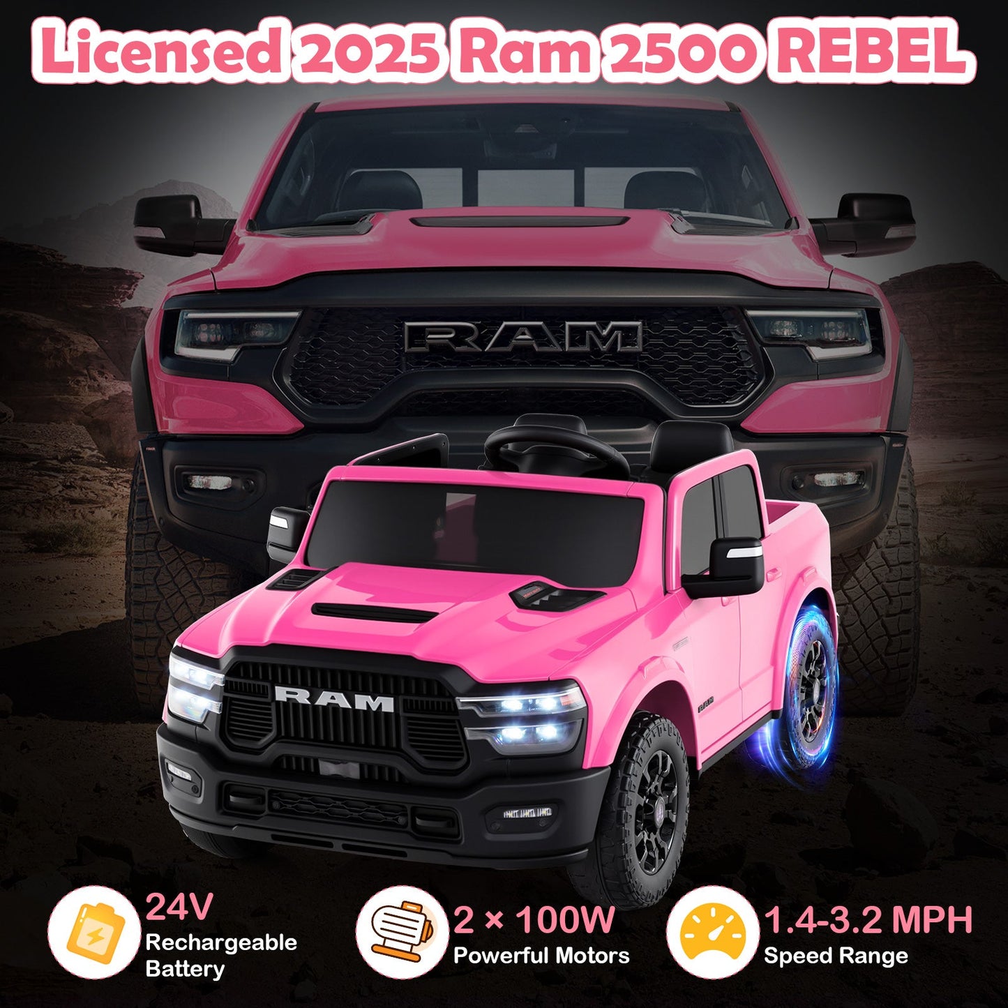 2 Seater 24V Ride on Toy for Big Kids Licensed Ram Truck with Remote and Music