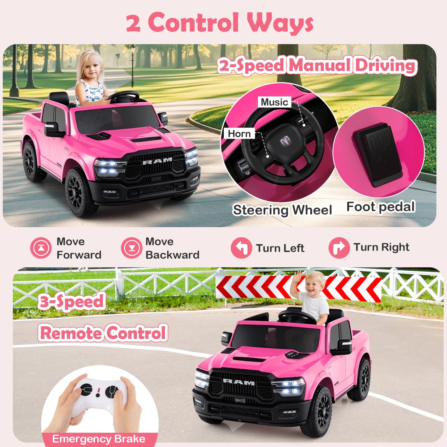 2 Seater 24V Ride on Toy for Big Kids Licensed Ram Truck with Remote and Music