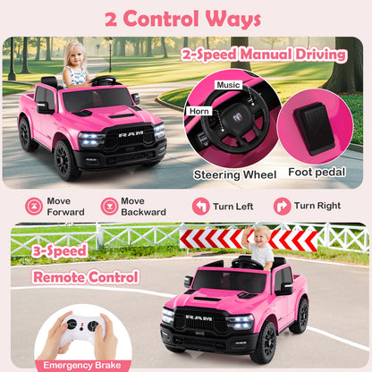 2 Seater 24V Ride on Toy for Big Kids Licensed Ram Truck with Remote and Music