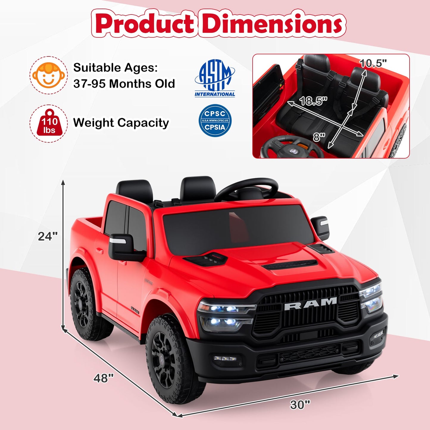 2 Seater 24V Ride on Toy for Big Kids Licensed Ram Truck with Remote and Music