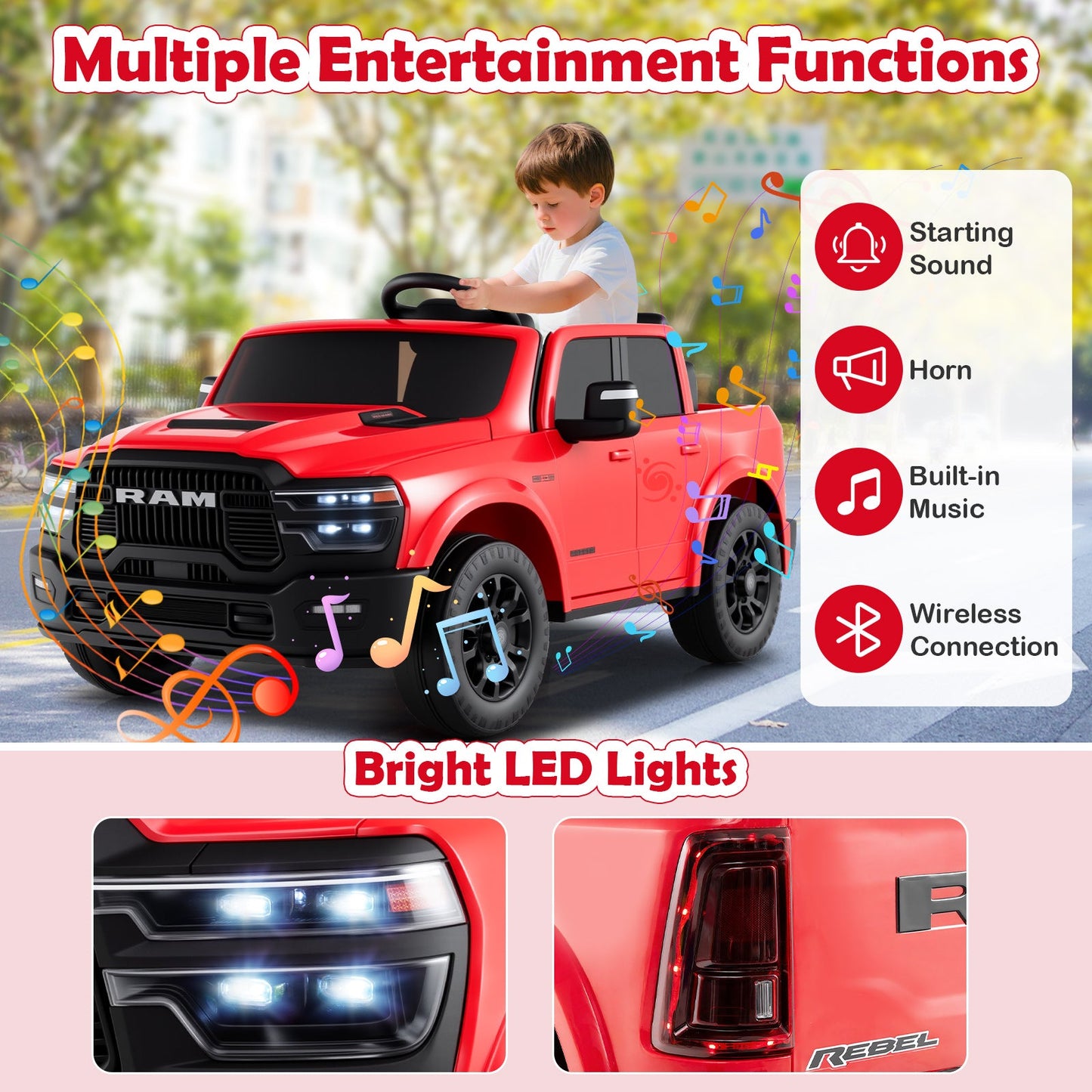 2 Seater 24V Ride on Toy for Big Kids Licensed Ram Truck with Remote and Music