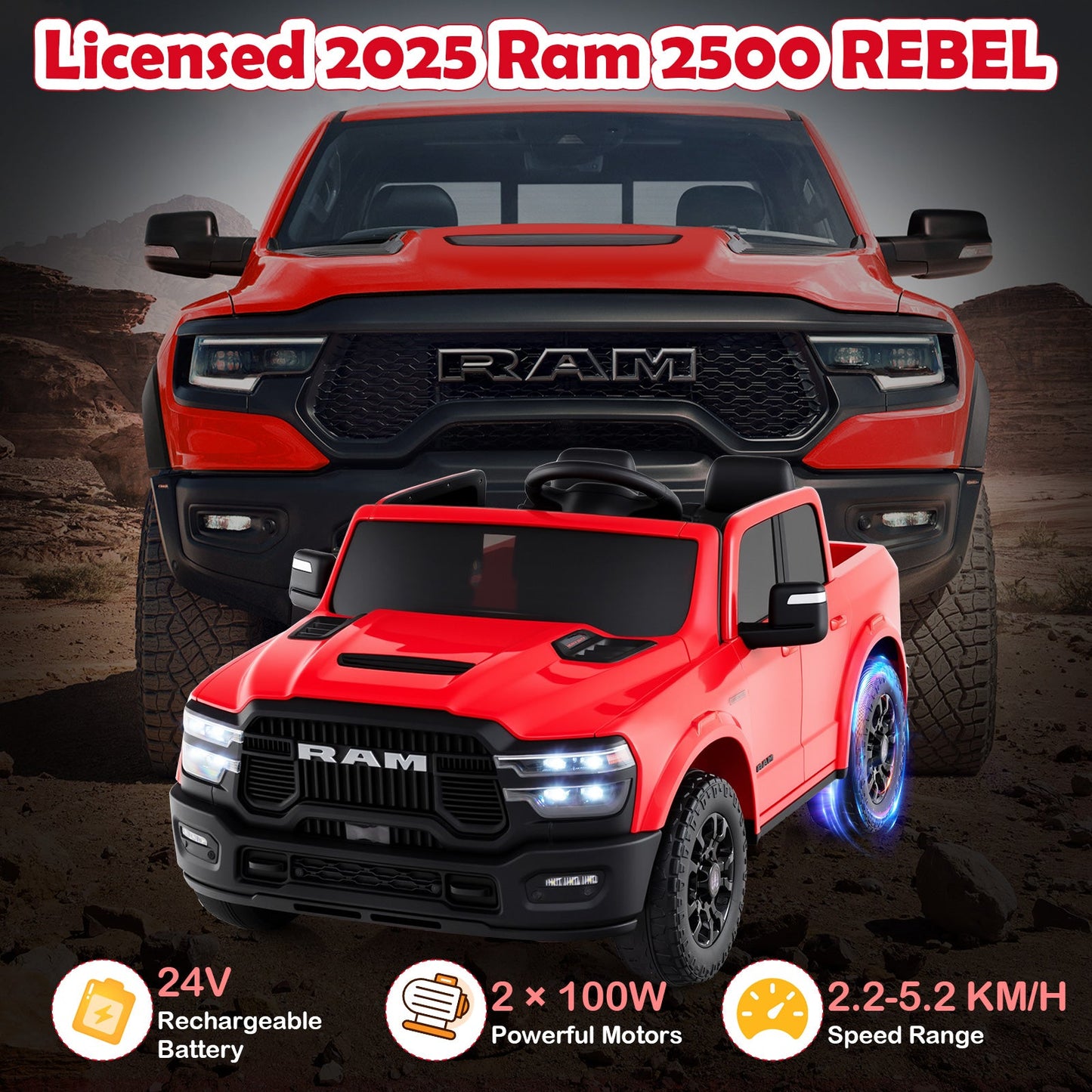 2 Seater 24V Ride on Toy for Big Kids Licensed Ram Truck with Remote and Music