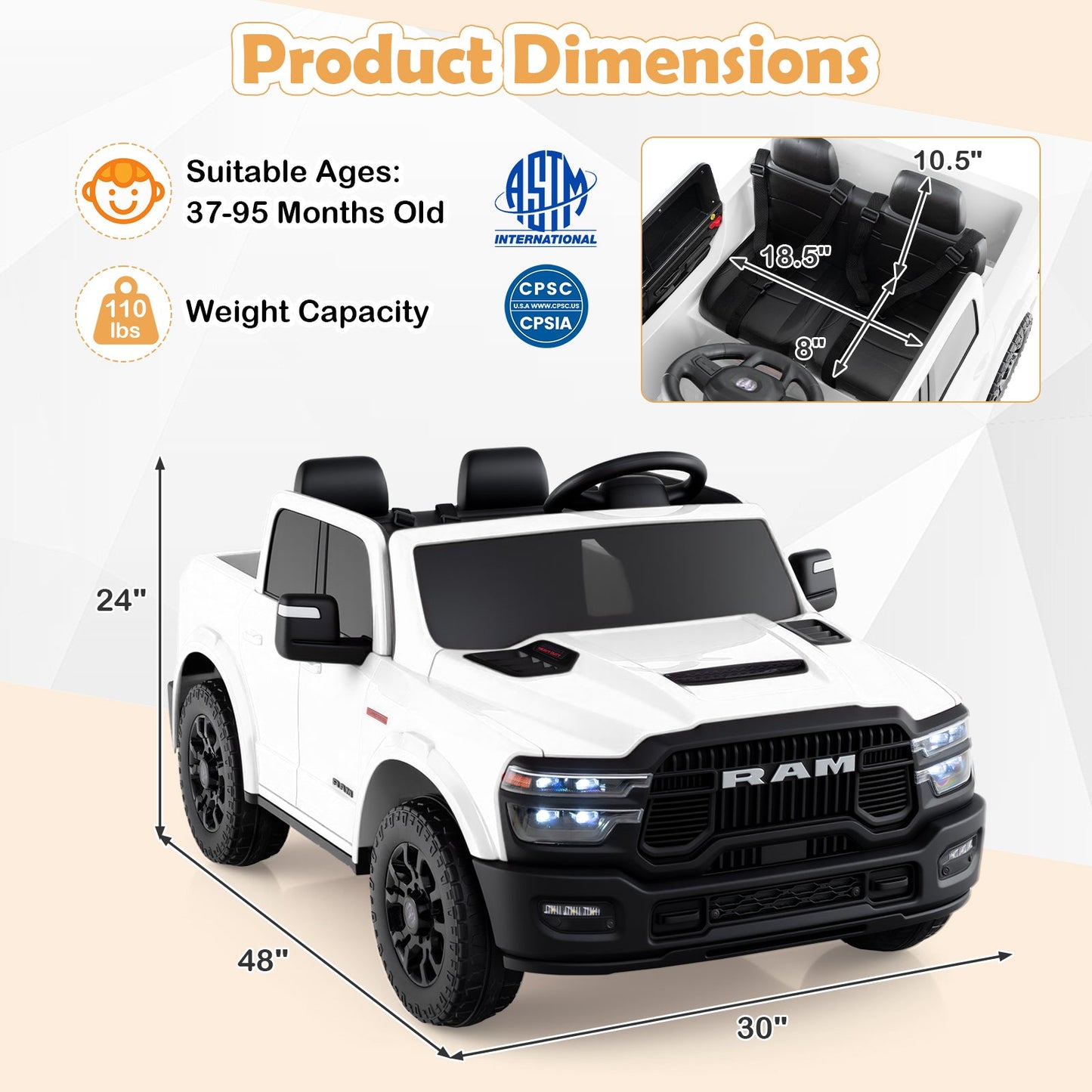 2 Seater 24V Ride on Toy for Big Kids Licensed Ram Truck with Remote and Music