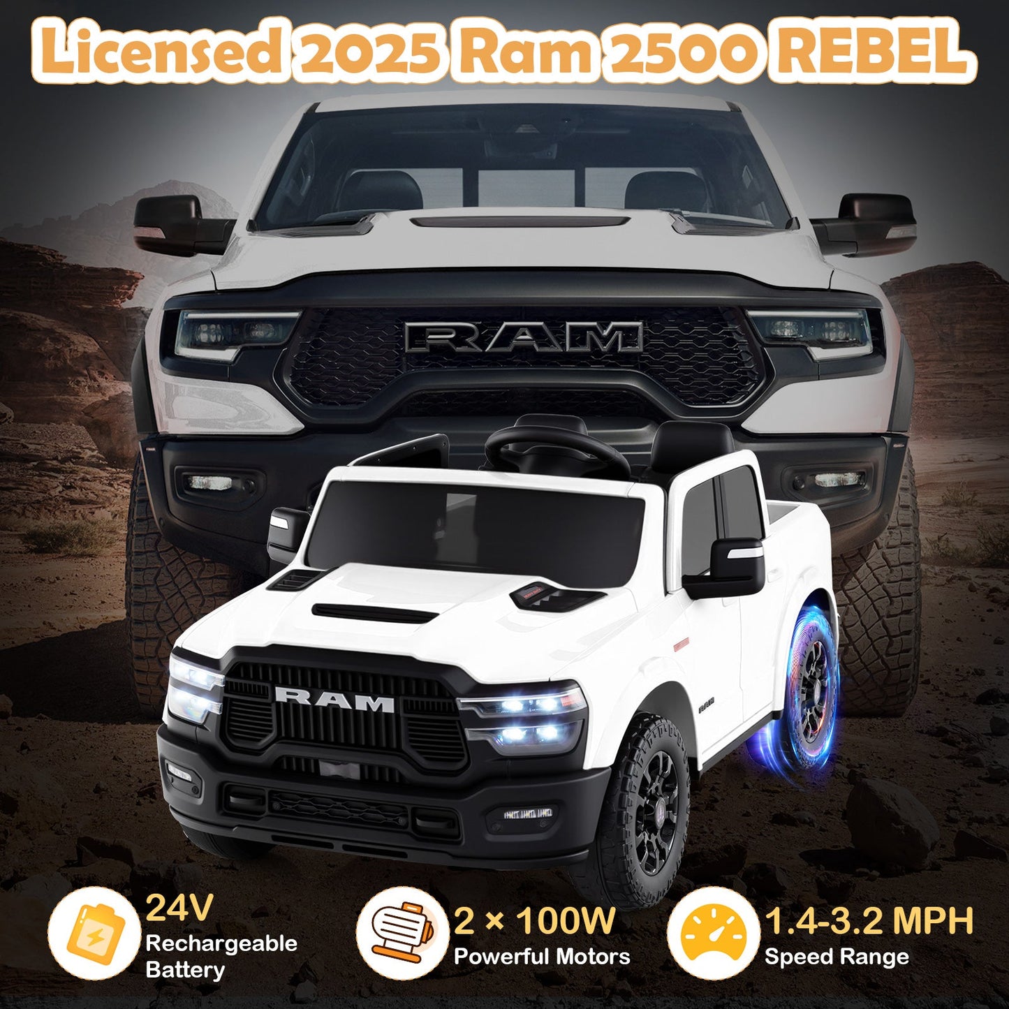 2 Seater 24V Ride on Toy for Big Kids Licensed Ram Truck with Remote and Music