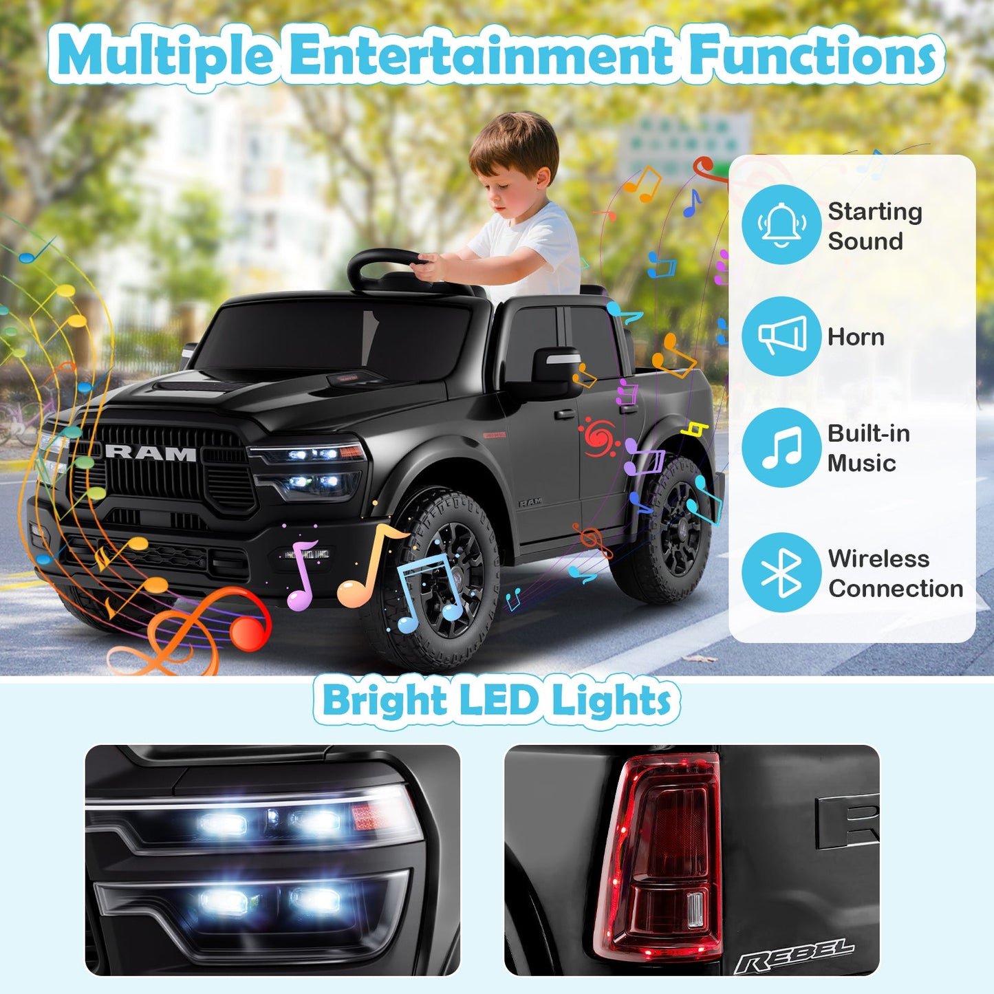 2 Seater 24V Ride on Toy for Big Kids Licensed Ram Truck with Remote and Music
