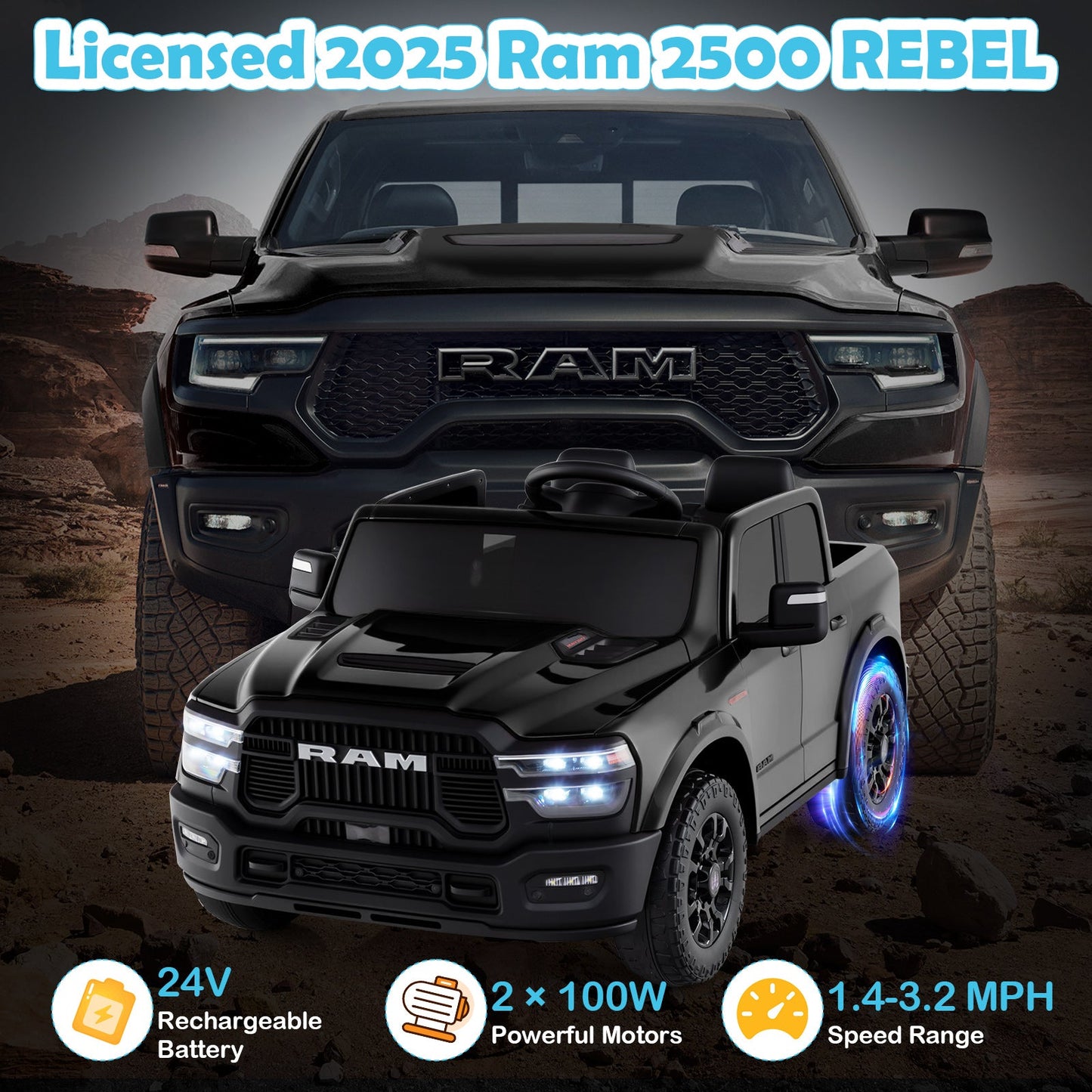 2 Seater 24V Ride on Toy for Big Kids Licensed Ram Truck with Remote and Music