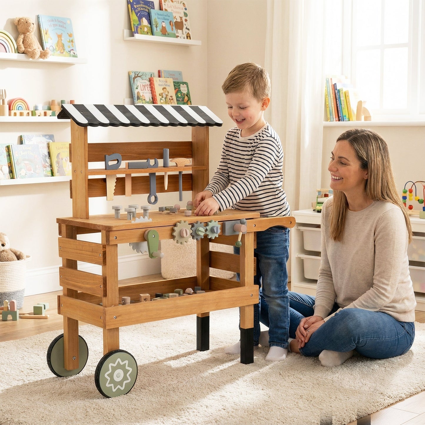 2-in-1 Kids Rolling Cart with Play Tools Set for Construction Play-Brown