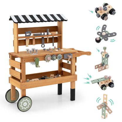 2-in-1 Kids Rolling Cart with Play Tools Set for Construction Play-Brown