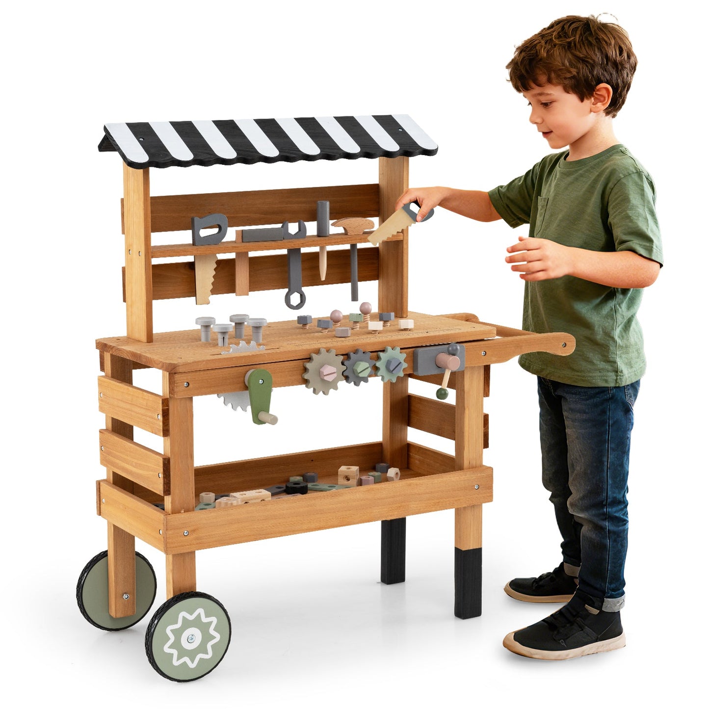 2-in-1 Kids Rolling Cart with Play Tools Set for Construction Play-Brown