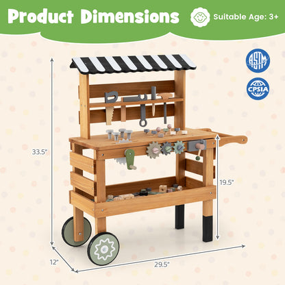 2-in-1 Kids Rolling Cart with Play Tools Set for Construction Play-Brown