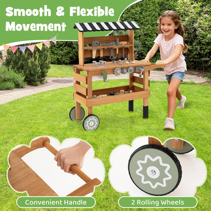 2-in-1 Kids Rolling Cart with Play Tools Set for Construction Play-Brown