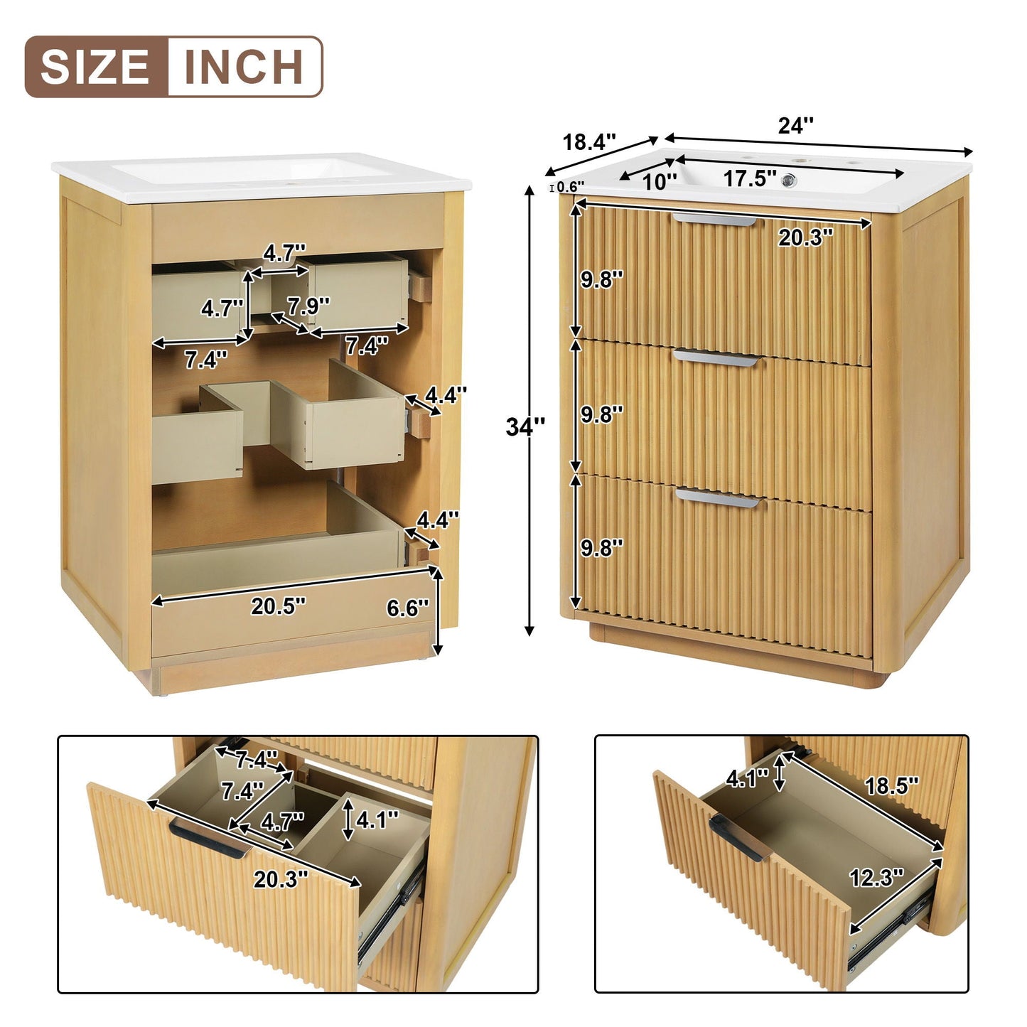 Bathroom Vanity With Sink, Open Shelf & Closed Storage - Natural Wood