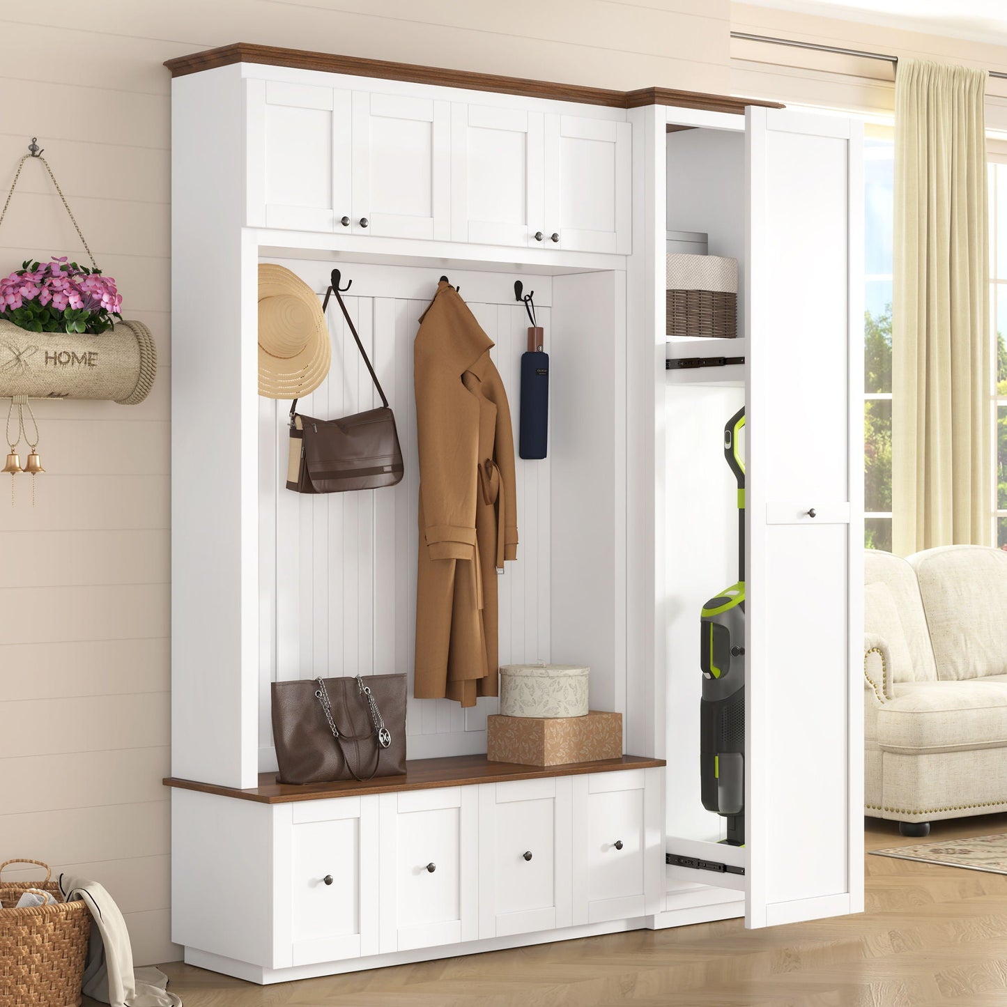Entryway Hall Tree With Storage Bench, Coat Rack Shoe Bench With Cabinets