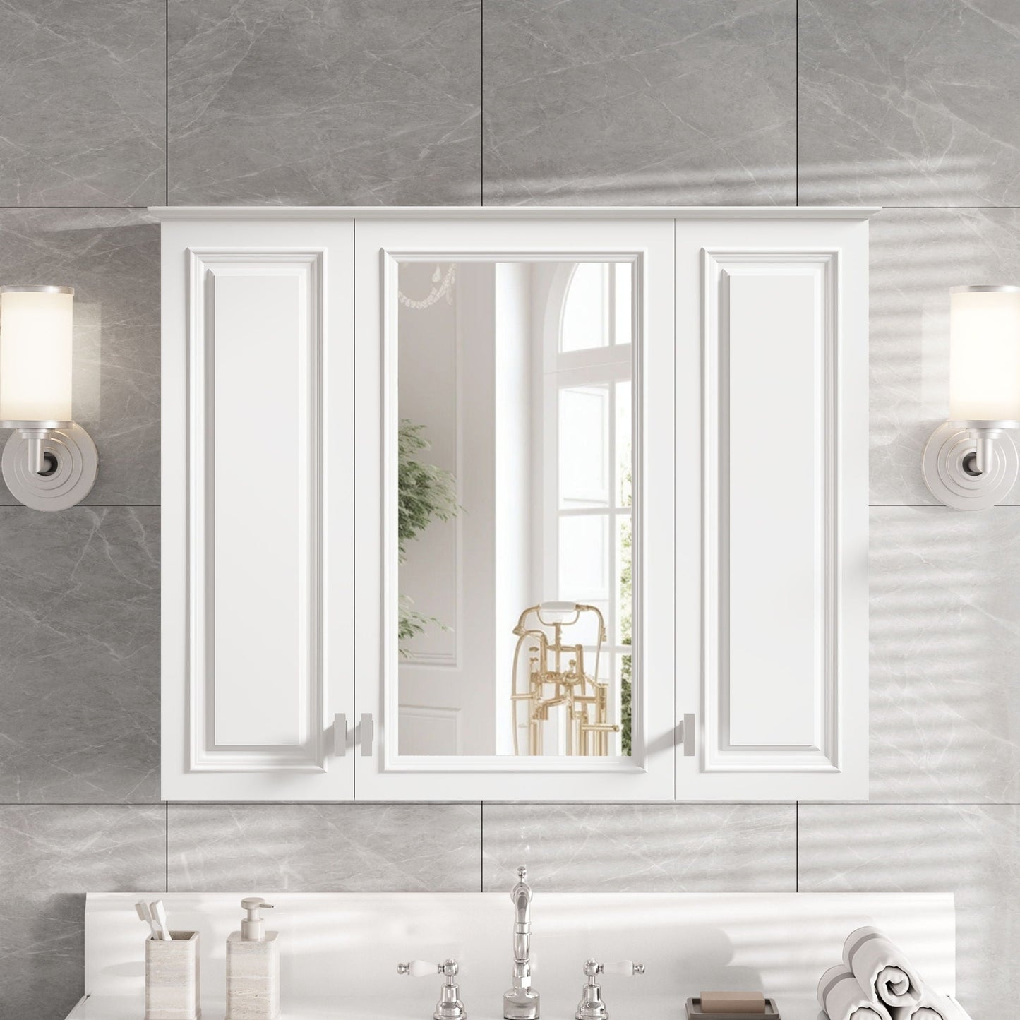 Wall Mounted Mirror Cabinet With 5 Adjustable Shelves, Rectangular Storage For Bathroom - White