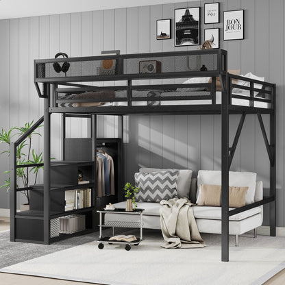 Queen Size Loft Bed With Stairs, Storage Shelves, Wardrobe - Black