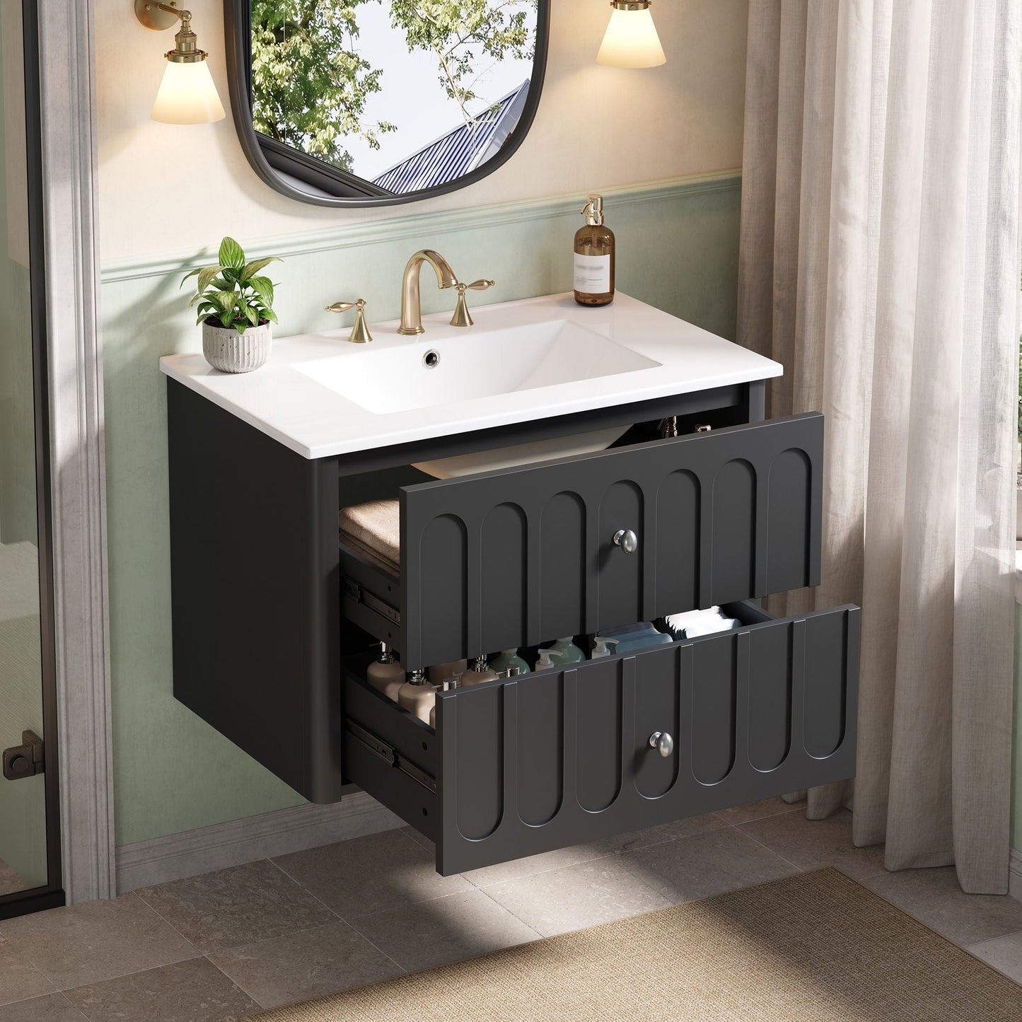 Floating Bathroom Vanity With Oval Knobs & Round Edge, Soft Close Drawer Slides