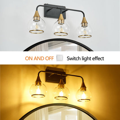 Black & Gold Vanity Wall Sconce | 3/4-Light Industrial Bathroom Fixture with Clear Glass Shades for Mirror & Living Spaces