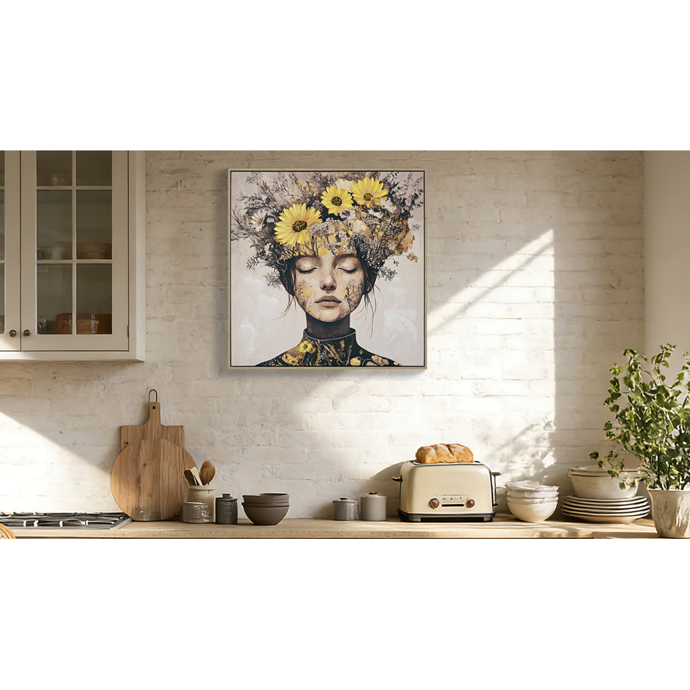 Floral Beauty Lady Canvas Wall Art | Gold & White Framed Print for Bedroom & Living Room — 24×24 Inch