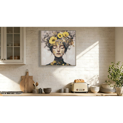 Floral Beauty Lady Canvas Wall Art | Gold & White Framed Print for Bedroom & Living Room — 24×24 Inch