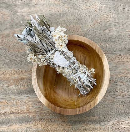 6" Rosemary & Sage Floral Smudge Wand with Quartz Crystal