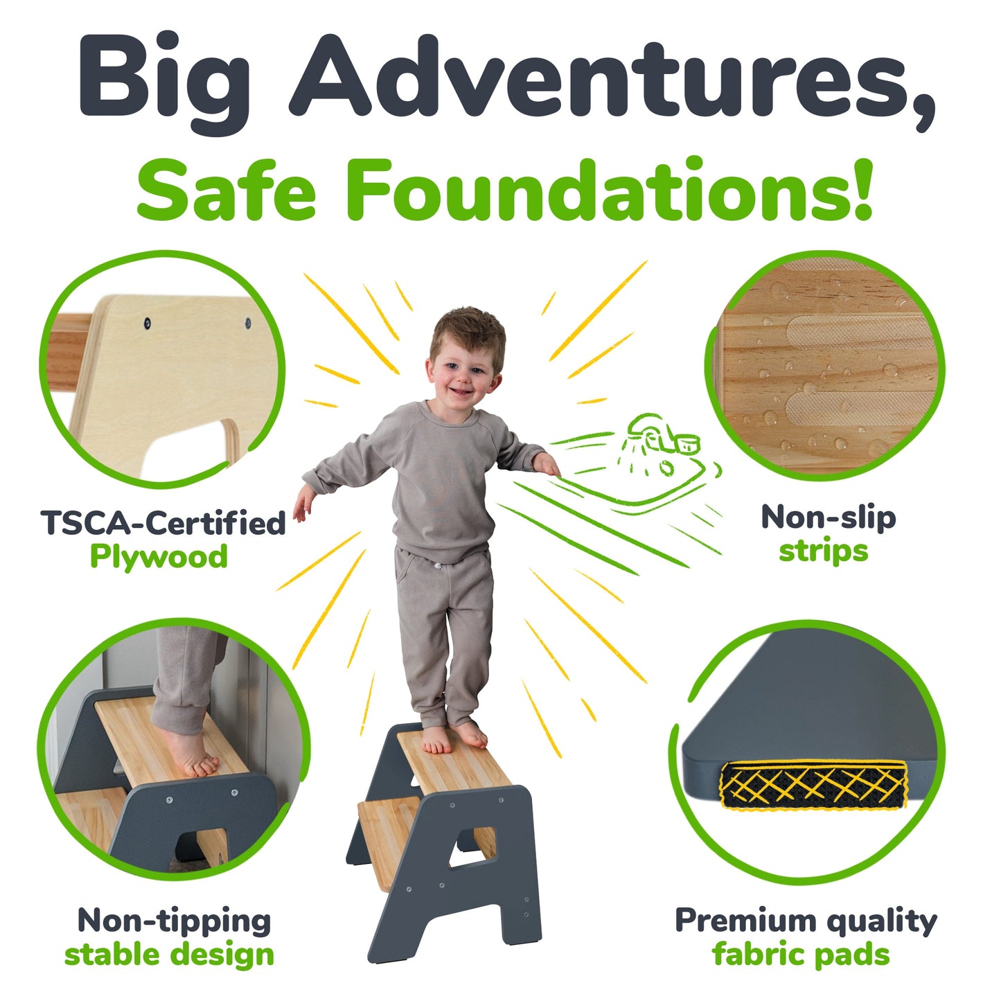 2-Step Wooden Stool for Toddlers(Step Stool for Children Ages 2+)