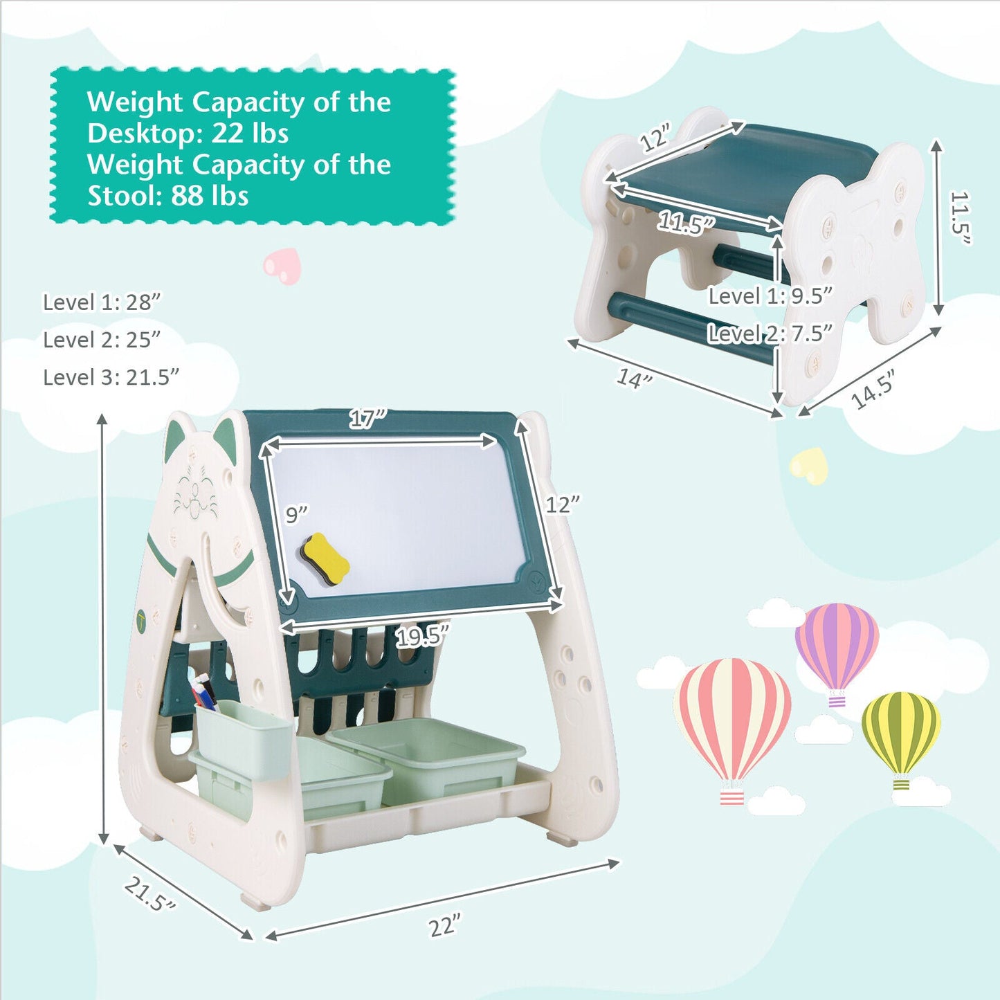 3-In-1 Double Sided Magnetic Dry-Erase Board with Stool and Flipped Writing Desktop