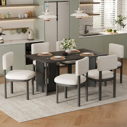 Dining Table Set With 6 Upholstered Chairs, Rectangular Table With Cutout Legs