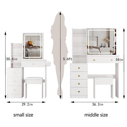 Cabinet Vanity Table & Cushioned Stool, USB Power Station, Hair Dryer Bracket - White