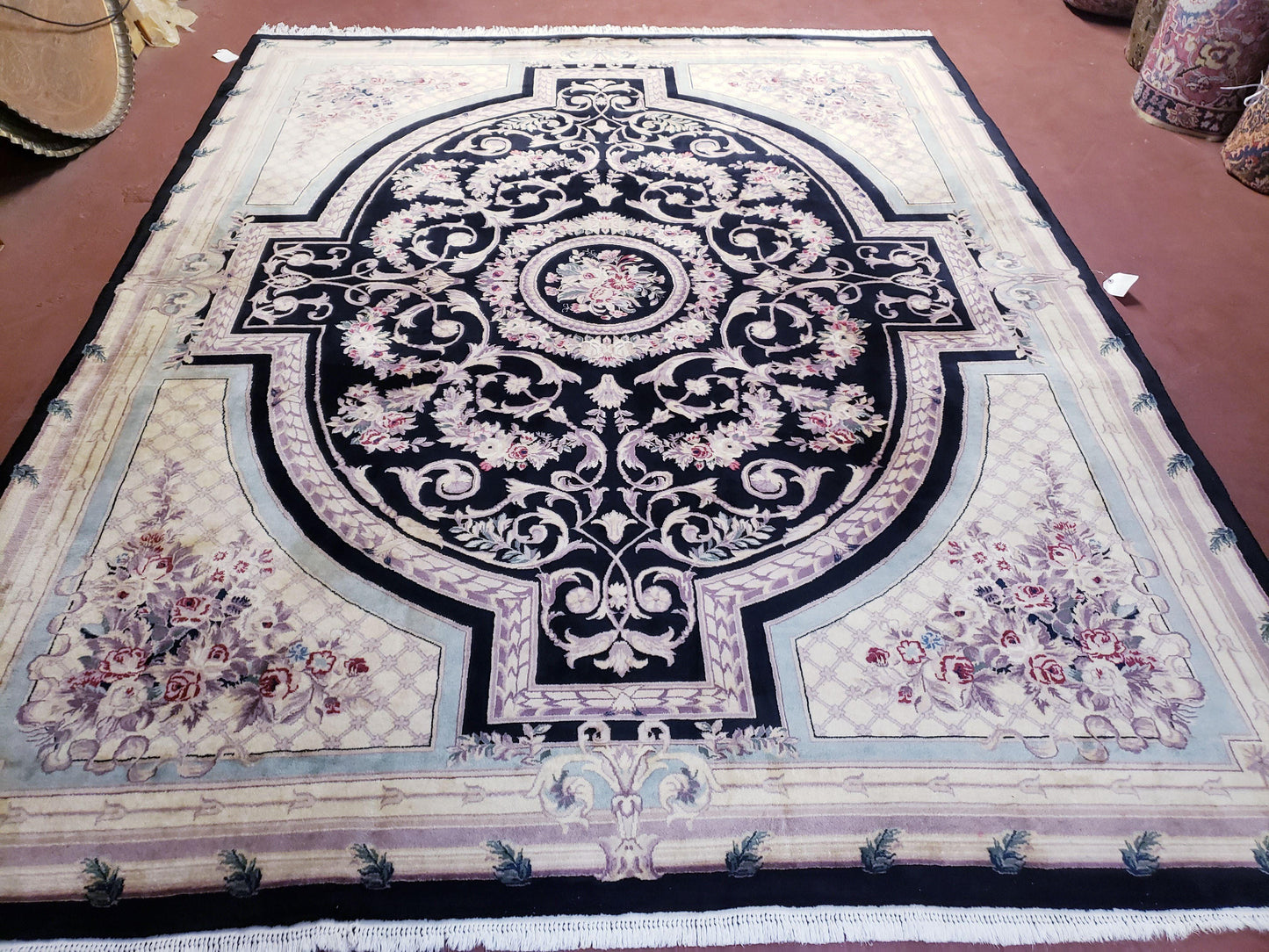 8x10 Aubusson Rug, Fine Hand Knotted Wool Carpet, French European Design, Black & Ivory