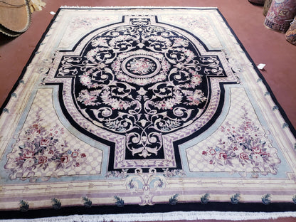 8x10 Aubusson Rug, Fine Hand Knotted Wool Carpet, French European Design, Black & Ivory