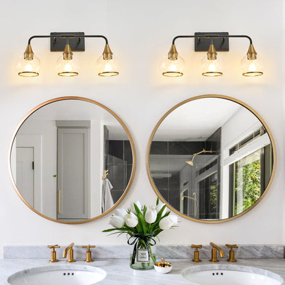 Black & Gold Vanity Wall Sconce | 3/4-Light Industrial Bathroom Fixture with Clear Glass Shades for Mirror & Living Spaces
